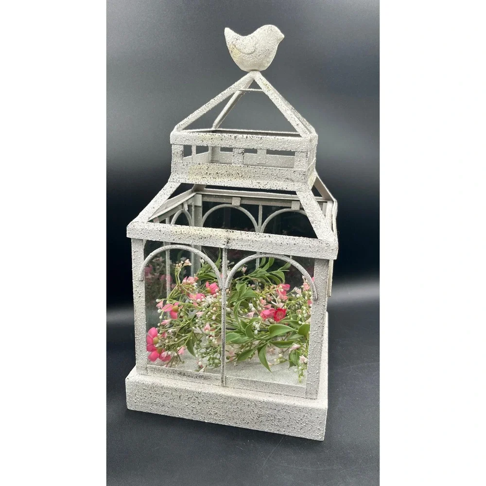 PartyLite Garden Sanctuary Candle Terrarium P91180 White Bird Finial Metal Glass